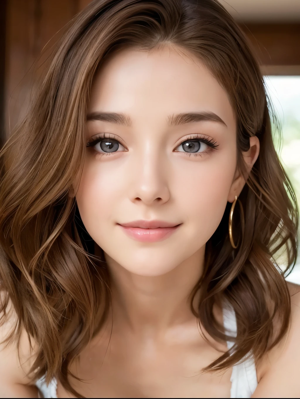Realistic:1.2,masterpiece,highest quality,8k,((One Woman)),20-year-old,Tight waist,String,Perfect Anatomy, Brown Hair, Wavy Hair,Random Hairstyles,Big beautiful breasts,((Highly detailed face and eyes))(Cute Face:1.4),Beautiful actress face,Perfect golden ratio face,Random sexy poses,smile、Women's Suitini skirt、garter belt、Full Body Shot