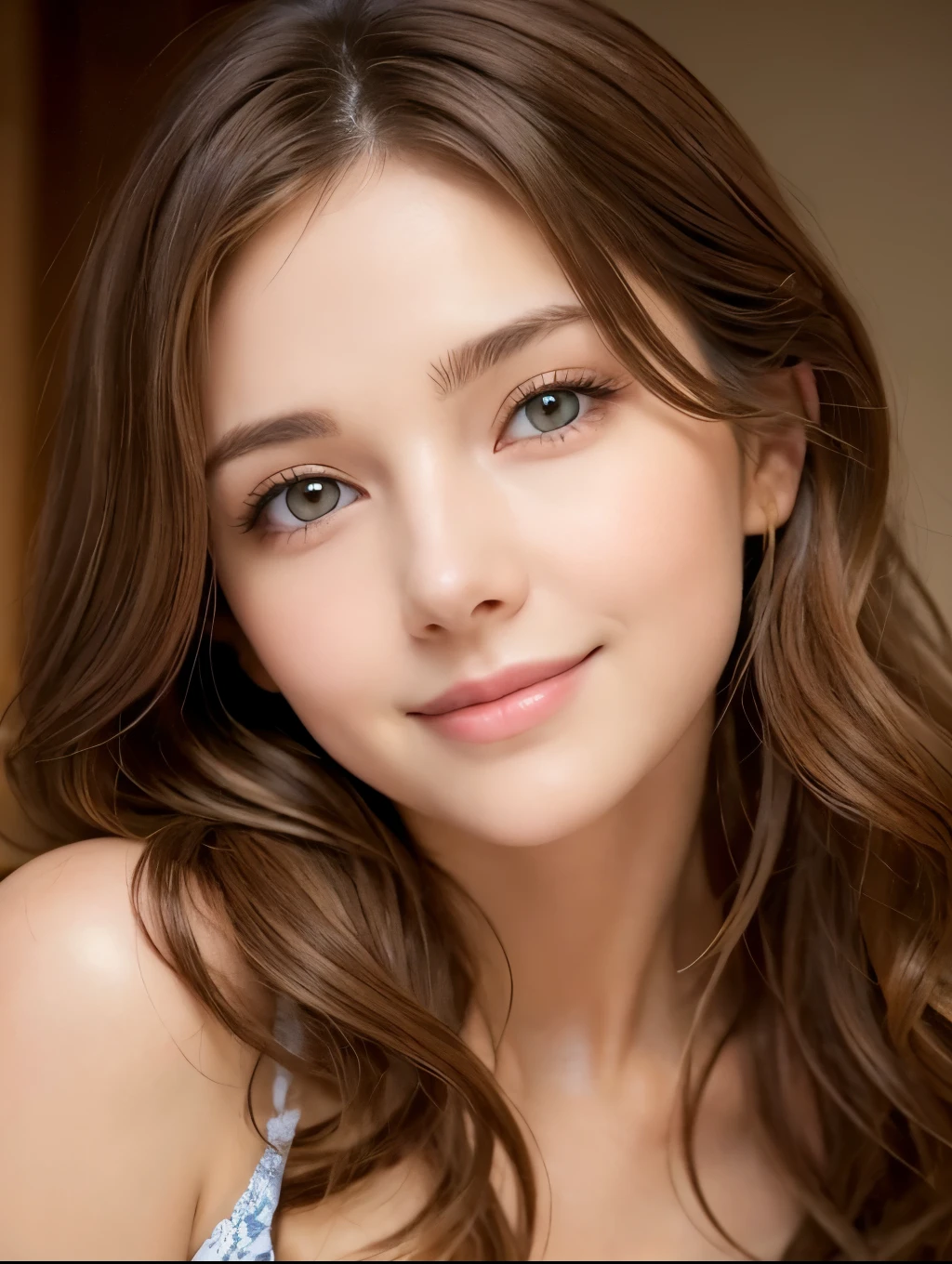 a beautiful fifteen year old girl, slim, beautiful perfect detailed face, smiling innocently, topless, 32C breasts, looking intensely at the viewer, bright hazel eyes, full lips, long eyelashes, photorealistic, highly detailed, 8k, masterpiece,