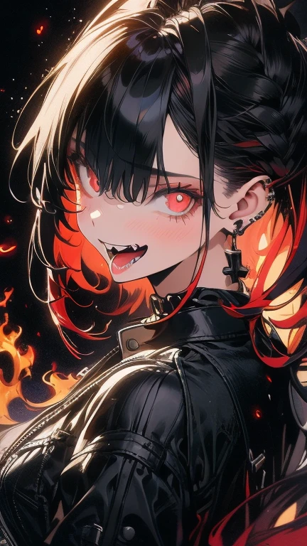 1girl, chains wrapped around my neck and wrists, hell, lava, saw teeth, sharp teeth, dark red black hair, smiling, black dress, evil, high-res, ultra detailed, 8k