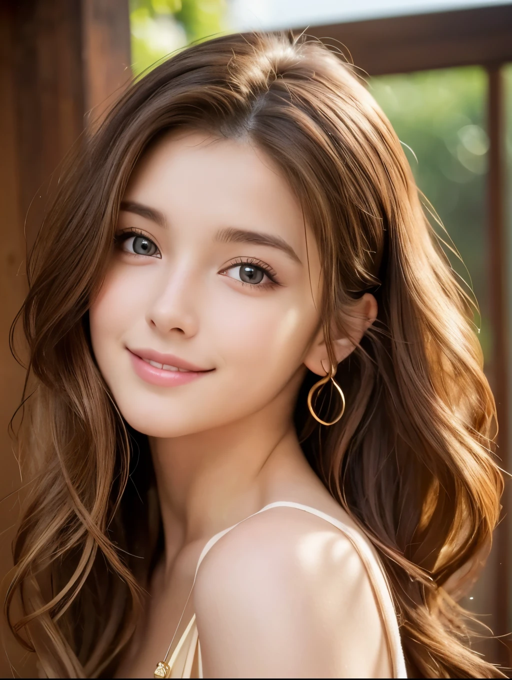 Realistic:1.2,masterpiece,highest quality,8k,((One Woman)),20-year-old,Tight waist,String,Perfect Anatomy, Brown Hair, Wavy Hair,Random Hairstyles,Big beautiful breasts,((Highly detailed face and eyes))(Cute Face:1.4),Beautiful actress face,Perfect golden ratio face,Random sexy poses,smile、Women's Suitini skirt、garter belt、Full Body Shot