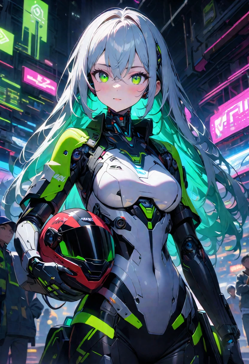 (1 white long hair ai cyborg girl),(black on white cyborg body),(many mechanisms are visible),(many green lights on the exterior),(circuit of the future),(a large number of spectators in the stands),(white and black futuristic racing car),(green neon lights on the exterior),(holding a white racing helmet under his arm),(best quality,4k,8k,highres,masterpiece:1.2),ultra-detailed,