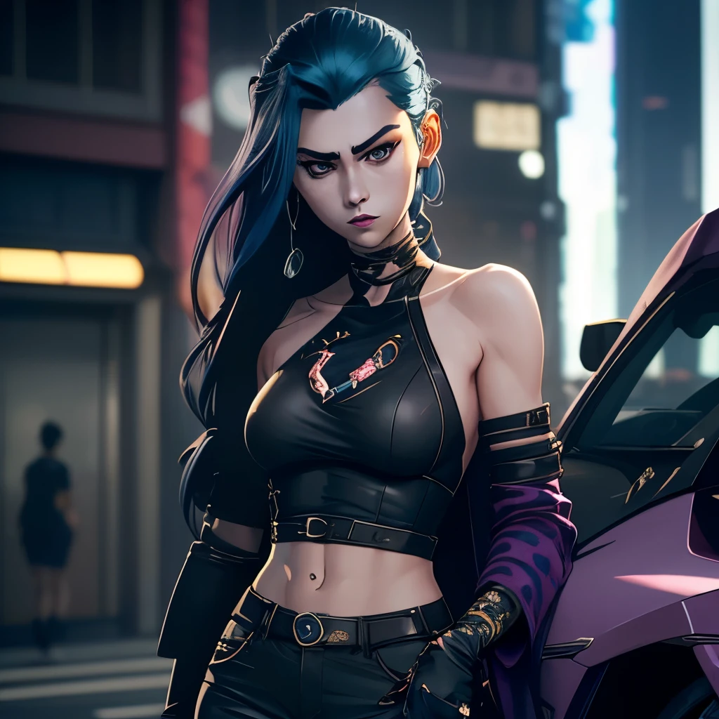 Cinnannoe, hyperrealistisch, Blickwinkel von vorne, ultra-detailed full-body shot of a woman wearing aviator sunglasses, schwarze Jacke auf halbem Weg, exponierter Magen, rosafarbenes Crop-Top, zerrissene Blue Jeans, Halskette, ((in Tokyo City sitzt Criss gekreuzt auf der Fronthaube des ultra-perfekt detaillierten rosa Autos Lamborghini Aventador:1.5)), pink sakura trees around the road, futuristischer Cyberpunk-Hintergrund High-Future-Vibes, Picture from head to toe, Depth of field, Hyper detailliertes, gorgeous face, natural body posture, Tsd., ultra-detailliert, ultra genau, detailliert, Surrealismus, Ultra-Unreal-Engine, Raytracing