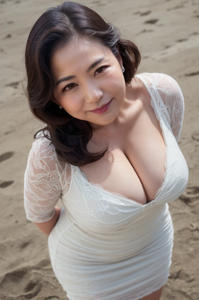 (top-quality, masterpiece,photo realistic,ultra-detailed,Textured skin:1.2),(from above),(1 girl),in tropical beach,
break (onepiece dress),
break (japanese mature woman),(47 years old),
break (natural hair style),natural eyeblow,smile,