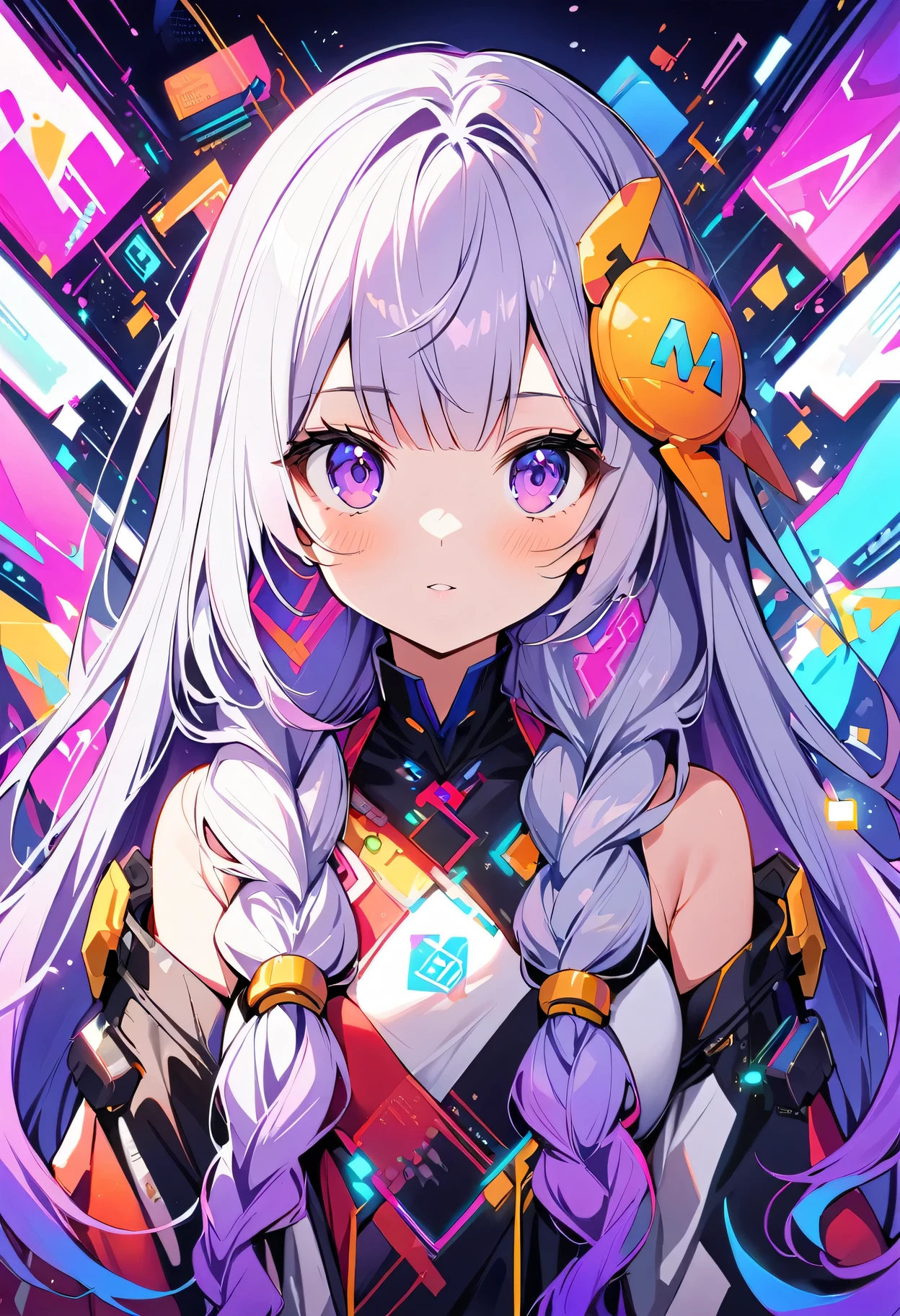 1 Girl, yinji, purple hair, purple eyes, long hair, white hair, double braids, gradient hair,Pictures showing the beauty of artificial intelligence, Includes symbols and circuits that overlap with impressively vibrant and attractive colors.