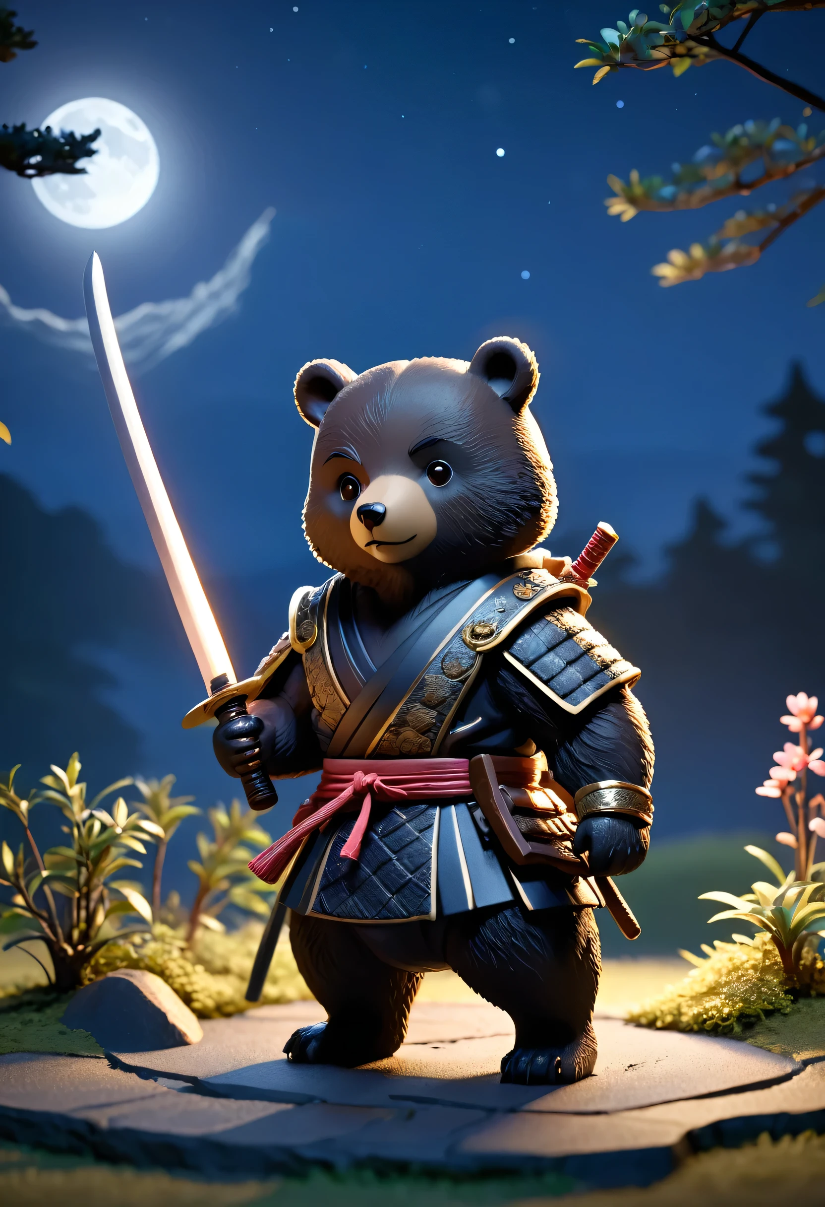 Esbian all over、Cool black bear、Pop Black Bear、Diorama、Simple Background、samurai、Japan holding a sword in his hand、Moonlit Night、Best Quality, Capture the cutest moments, Depth of written boundary, Super detailed, Ultra-high resolution, Octadale, 8K, 16km race