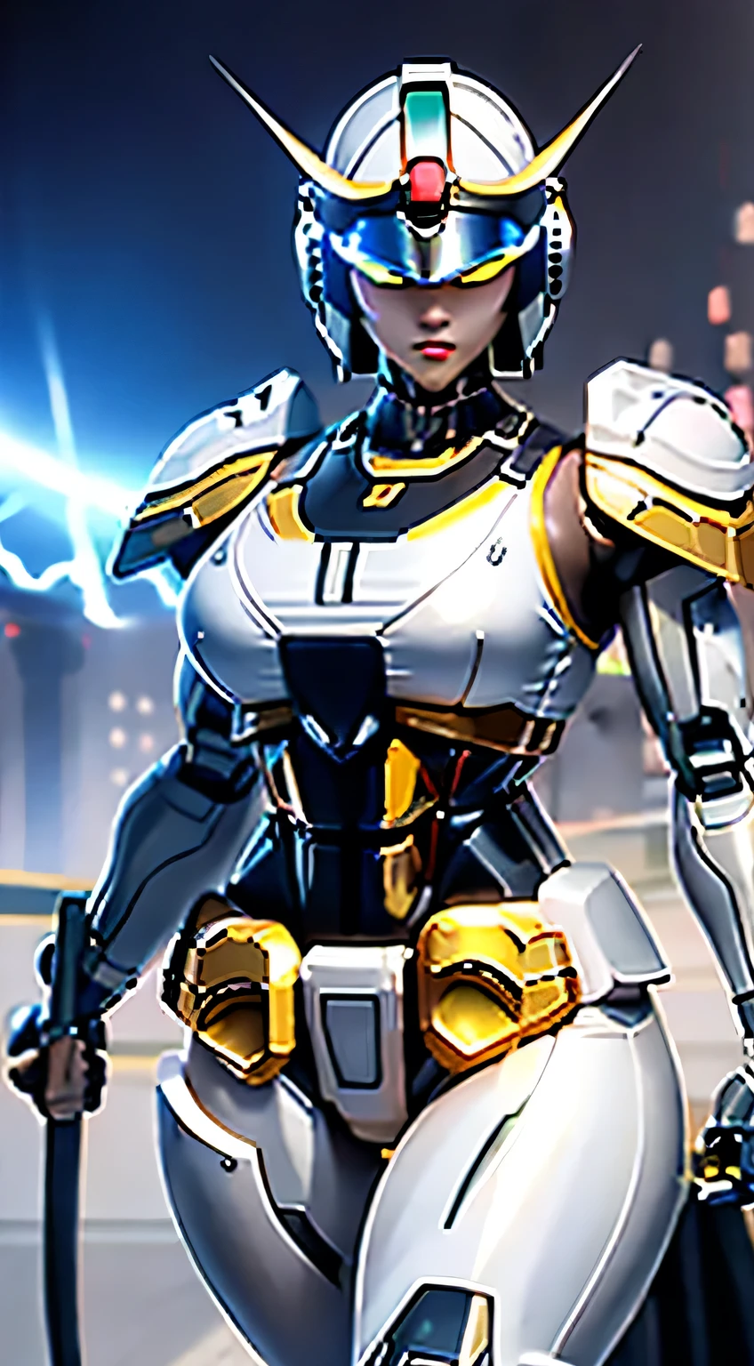 Female Robocop Solo、Bright outdoors、strong light source、8k, high quality, masterpiece, 最high quality、Very detailed、Full body armor、Very large armor、Helmet covering the head、Clear photos、The eyes are pale, Straight Goggles:1.3、The lower half of the face is meat:1.5、Human skin is exposed from the nose to the face.:5.0、Seductive lips、Clear yellow metallic armor、Armor that completely covers the chest、length, Thin legs、Clear, poseable body views,Big and ample breasts:1.5, (Sports Body:1.5)、Five Fingers、Photos of the city