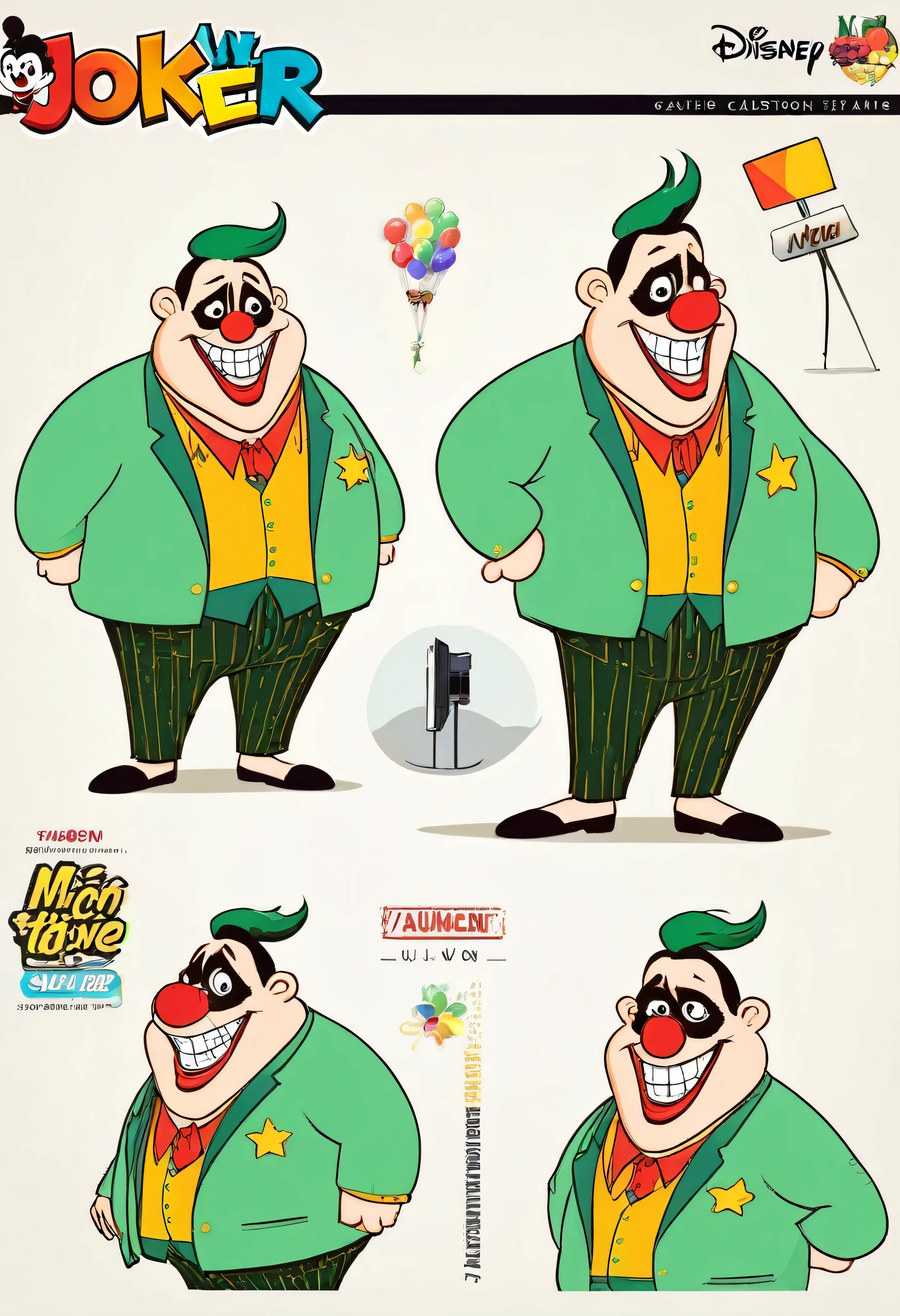 a funny joker cartoon character, fatty, chubby ,teen,boy,disney style,full body turnaround ,various poses, colourful,