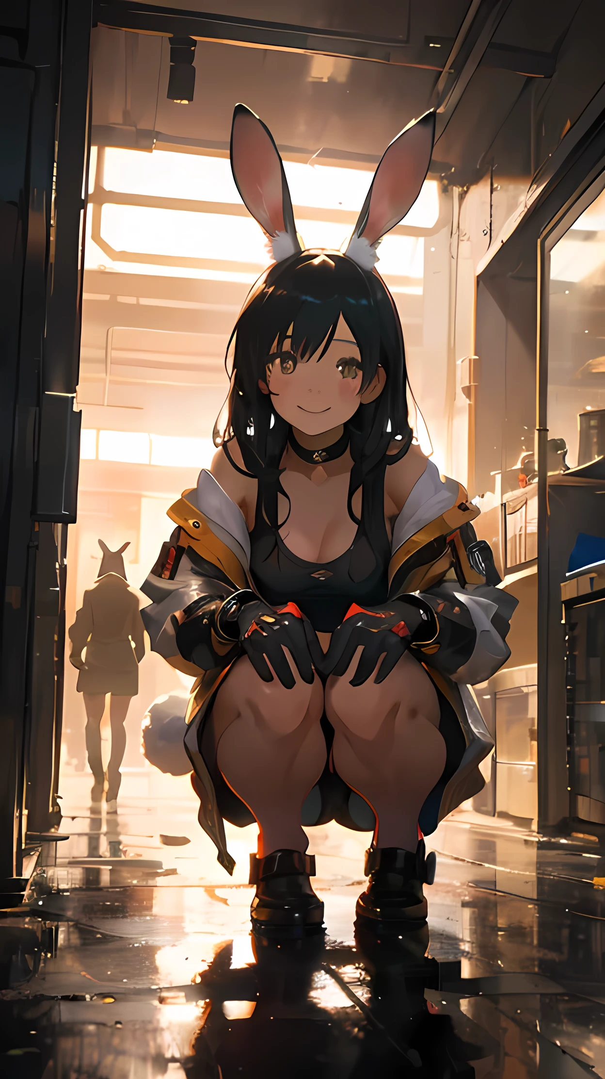 Big Breasts, Detailed Background, (Bauhaus, shape, OK, Abstract:1.1), Goth Slow Remake, Nice color hair, cardigan, Perfect body curves, Ray-tracing, Perfect Face. Incredibly absurd, Cyberpunk Shorts, ((highest quality)), ((masterpiece)), (detailed), Perfect Face. Asian Girl. a woman in a cute little bunny costume posing on her hands and knees, 1girl, solo, animal ears, rabbit ears, gloves, realistic, breasts, long hair, smile