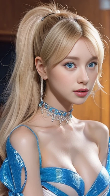 ((Large Breasts:1.2)),Long ponytail, blue eyes, blonde