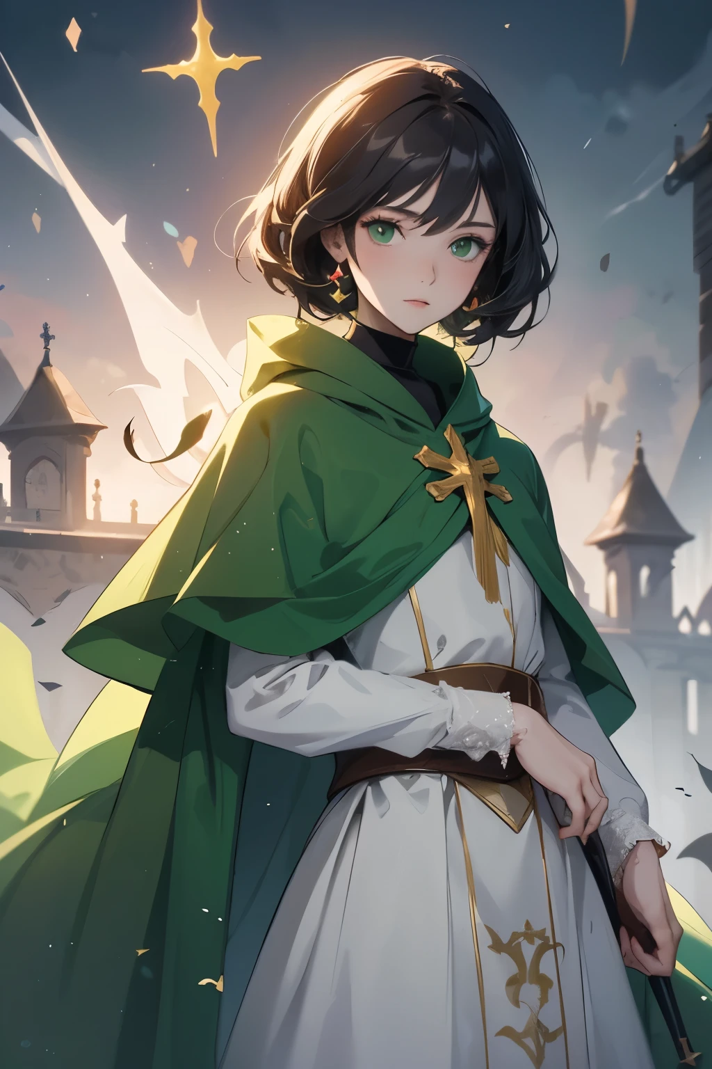 Anime-style image of a woman wearing a green cape and green cloak, Kashmir Art, Beautiful Princess, Handsome men from Demon Slayer, Photo of a female clergy, Official character illustration, Delicate princess, Inspired by Chris from Deltarune, Official Art, Official character art, Dressed like a priest