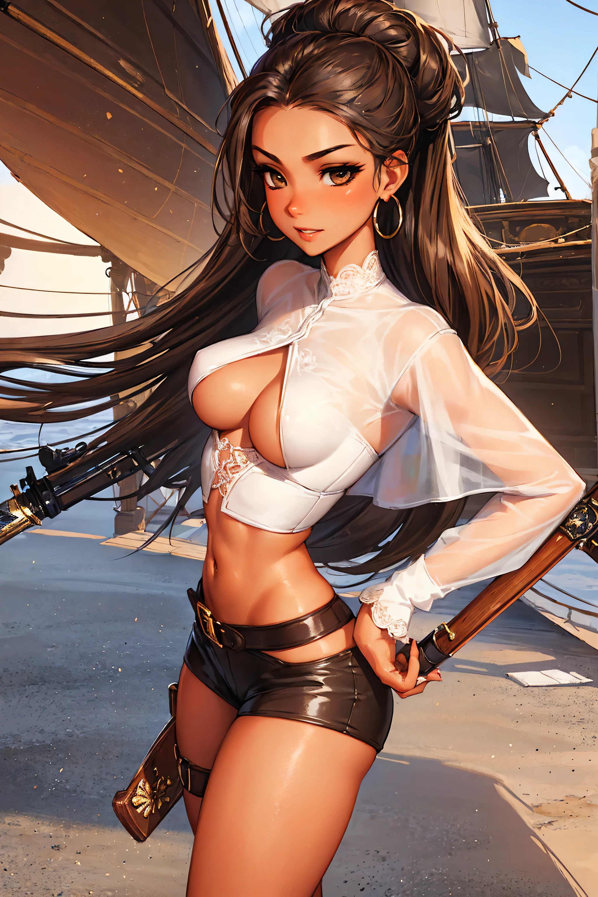 (masterpiece), best quality, expressive eyes, perfect face, (pirate ship background), (standing), (smirk), (closeup view), (1girl, vanessa alessia, dark skin, tanned skin, brown hair, wavy hairstyle, brown eyes, hourglass figure, thin body, skinny body, petite_body, medium breasts, thick thighs, long fingernails, brown plaid head wrap, white front lace blouse, long sleeve, loose fit, brown leather corset, brown leather shorts, brown boots, sheathed cutlass sword, flintlock pistol in holster, hoop earrings, miscellaneous jewelry),  big breasts, stripping, elegant makeup, exhibitionism, naked in public, , slim thighs, toned body, shiny skin, sexy pose, blue eyes, narrow hips, wearing high hip thong and see-through top