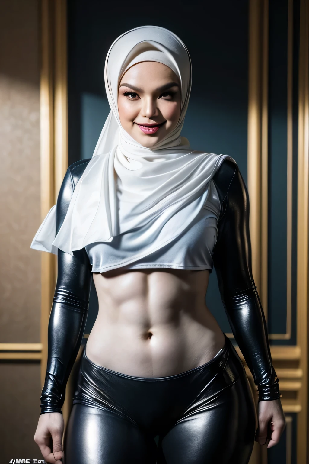 (editorial photograph of an 18 year old l malay woman), (slim top, latex panties, MMA gloves, hijab), (highly detailed face:1.4), (smile:1.1), (muscles:1.2), (MMA pose:1.2), (background inside light, bright, private gym:1.1), (8k, uhd, dslr, high quality, cinematic lighting, bokeh), (dramatic, award winning photography, incredible masterpiece:1.3), (((thighs spread wide apart in a sexy way))), (((six pack abs)), (((muscle girl))), sweat