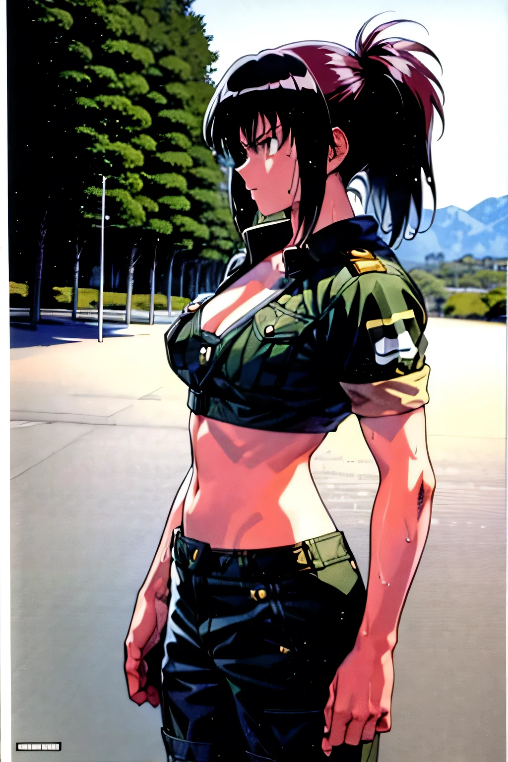 masterpiece, best quality, anime 1990s \(style\, leona heidern, bra, short, desert, army, cammo. pony tail, wet, serious, soldier.