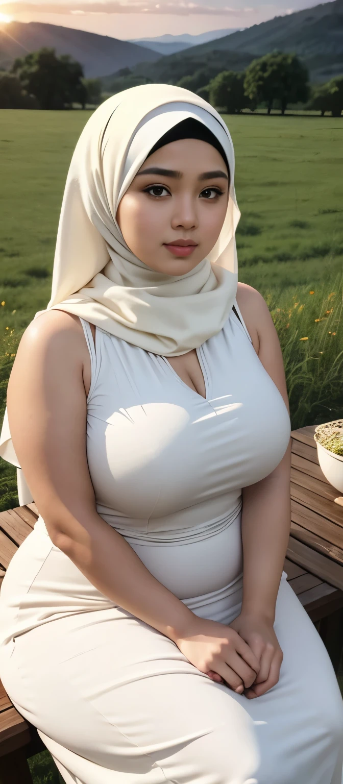 ( Close Up),RAW, Best quality, high resolution, works: 1.3), Beautiful Malay woman in hijab, Masterpiece, fit body, big breasts, beautiful big eyes, Soft smile, beautiful face, woman sitting at a table in a green meadow, traditional beauty, moment sunset, in the field, in the countryside, beautiful woman, with the sunset, wearing a soft long dress,muslim, on a wooden table, hijab, beautiful woman, with a beautiful appearance, a very beautiful masterpiece, a masterpiece of art, good lighting, Bright colors, Clean lines, chubby body, wide chubby hips, chubby arm, chubby massive thighs , massive cleavage , massive armpits , white armpits , armpit hair , extra cleavage