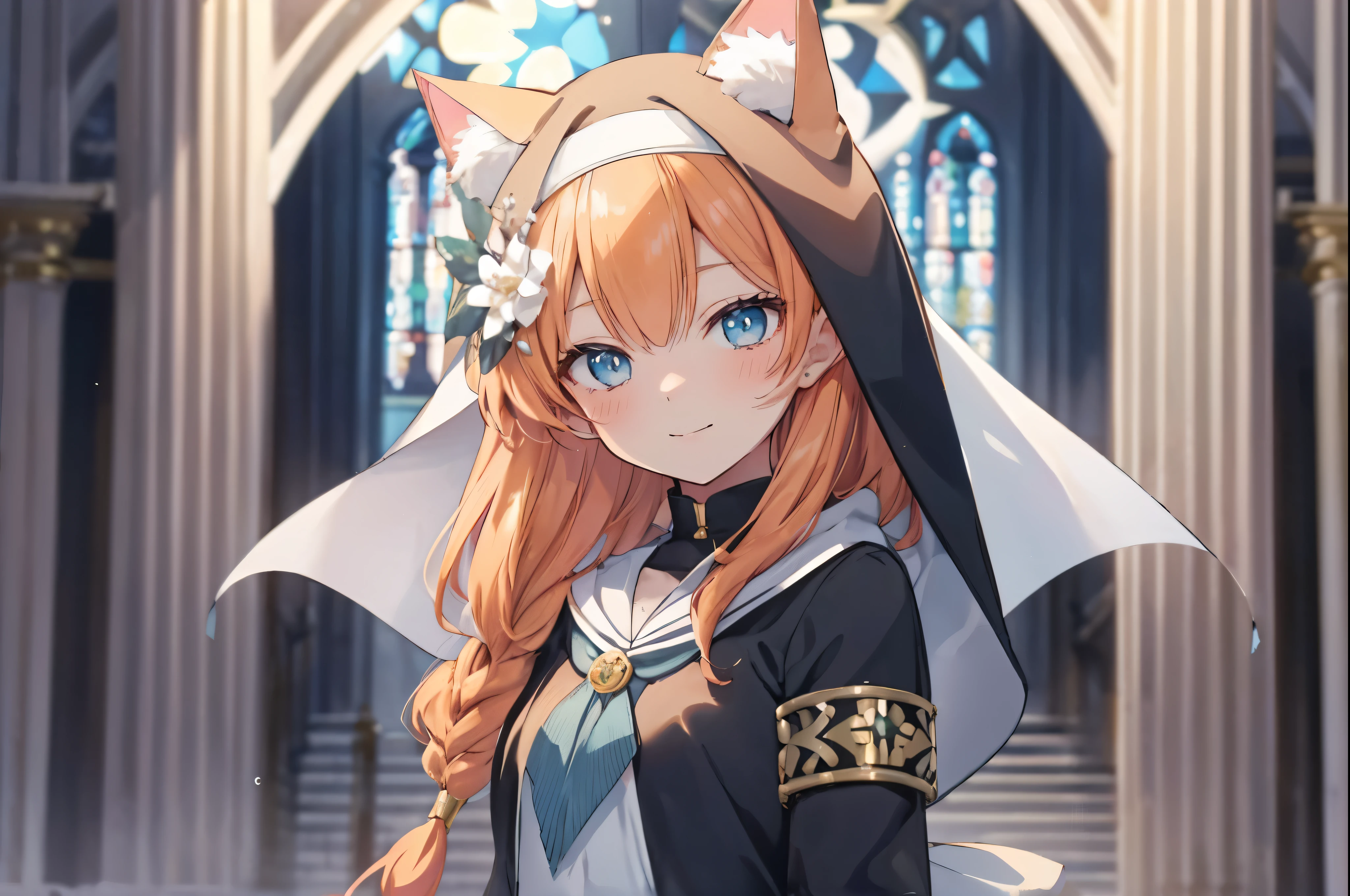 Marie、masterpiece、Best image quality、最high quality、One good looking girl (smile、blush, Perfect Face), independent , Looking into the camera, masterpiece, Anime art style, Cute Characters, Dynamic pose、Most detailed, high quality、Shiny Hair、Very fine and beautiful bright eyes、Very detailed, clear and beautiful face, Awards, Anatomically correct、Cat ear、Orange Hair、It must be detailed enough to be easily identifiable.、Lolita、Small breasts、uniform、Hooded、church