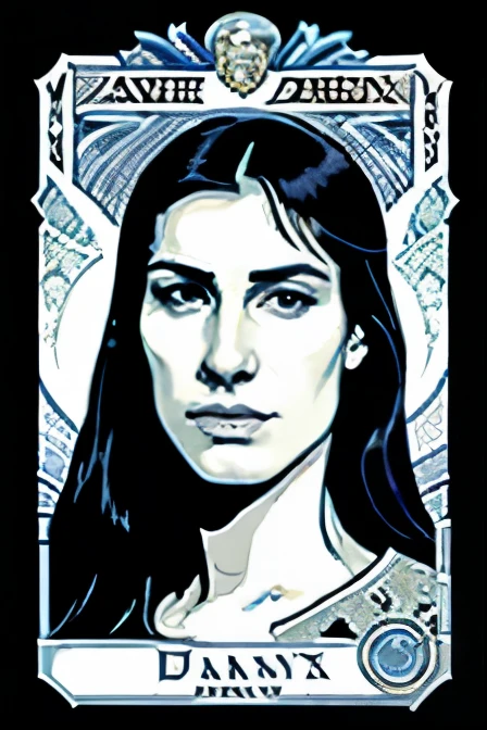 a close up of a tarot card with a picture of a jewel, beardsley, gwyn, [ tarot card ]!!!!!, portrait of destiny from sandman, zoltan, inspired by John Cale, finnian macmanus, timothy dalton, trading card fond, painted todd lockwood, the sandman from graphic novel, promo art, toon, promo image, neil gaiman