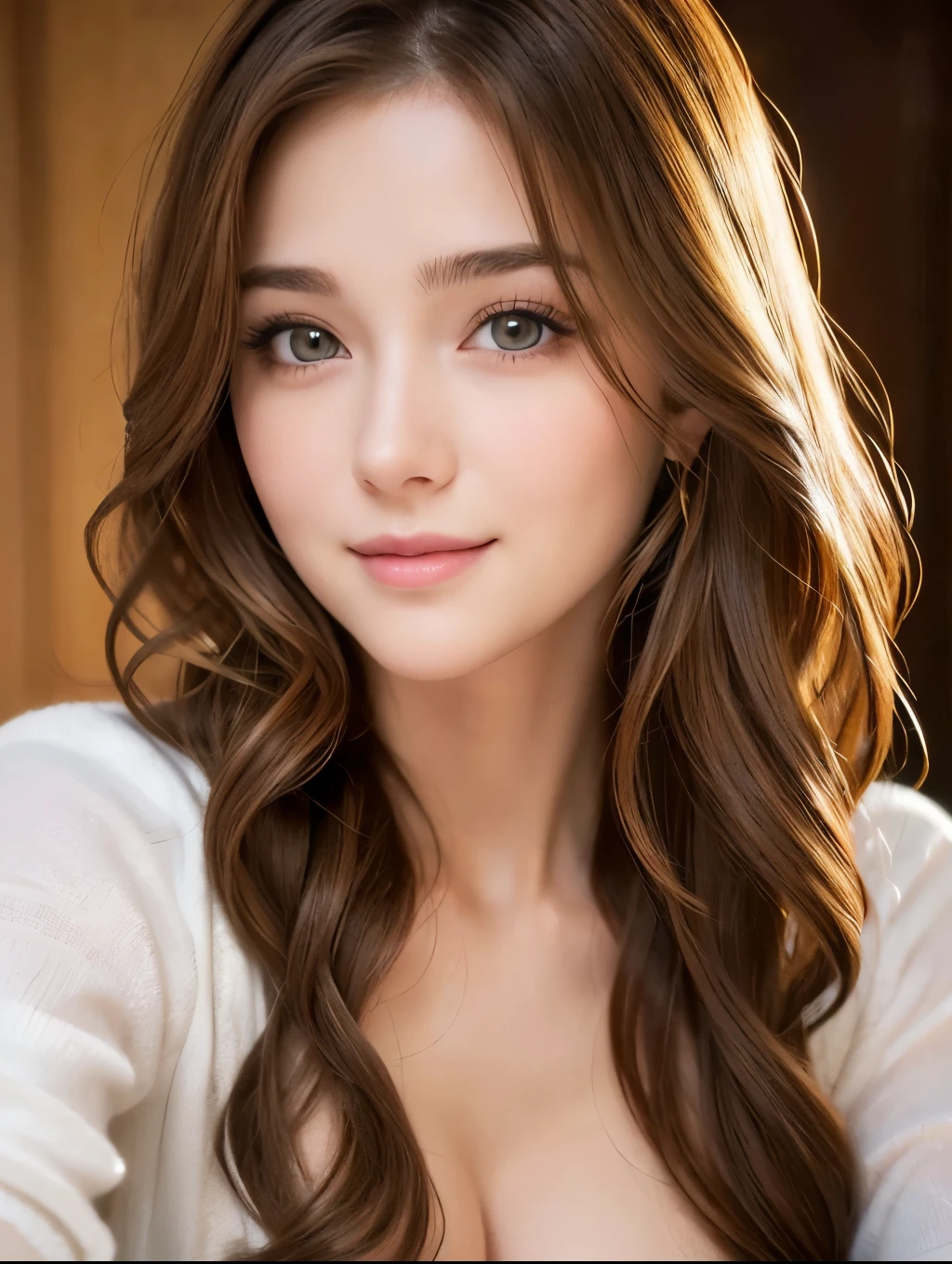 Realistic:1.2,(Masterpiece,highest quality),8k,((One Woman)),20-year-old,Tight waist,Big Hips,Perfect Anatomy, Brown Hair, Wavy Hair,Random Hairstyles,Big beautiful breasts,((Highly detailed face and eyes))(Cute Face:1.4),Beautiful actress face,Perfect golden ratio face,Random sexy poses,smile、Women's Suitini skirt、garter belt、I can see up to my waist