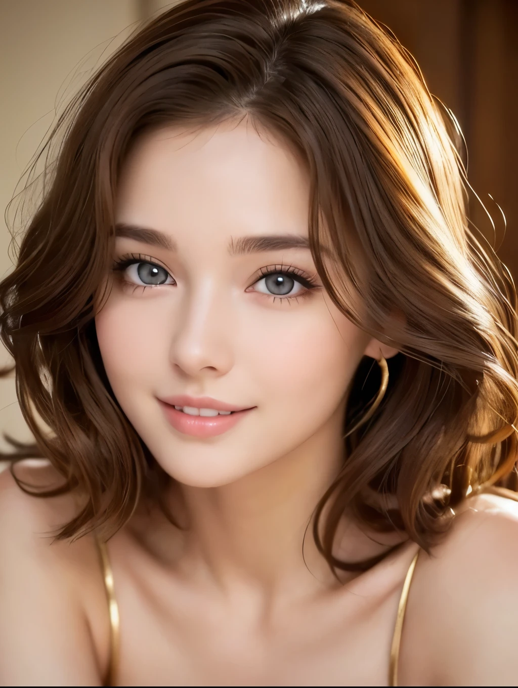 Realistic:1.2,(Masterpiece,highest quality)，8k,((One Woman)),20-year-old,Tight waist,Big Hips,Perfect Anatomy, Brown Hair, Wavy Hair,Random Hairstyles,Big beautiful breasts,((Highly detailed face and eyes))(Cute Face:1.4)，Beautiful actress face，Perfect golden ratio face，Random sexy poses，smile、Women&#39;s Suitini skirt、garter belt、I can see up to my waist