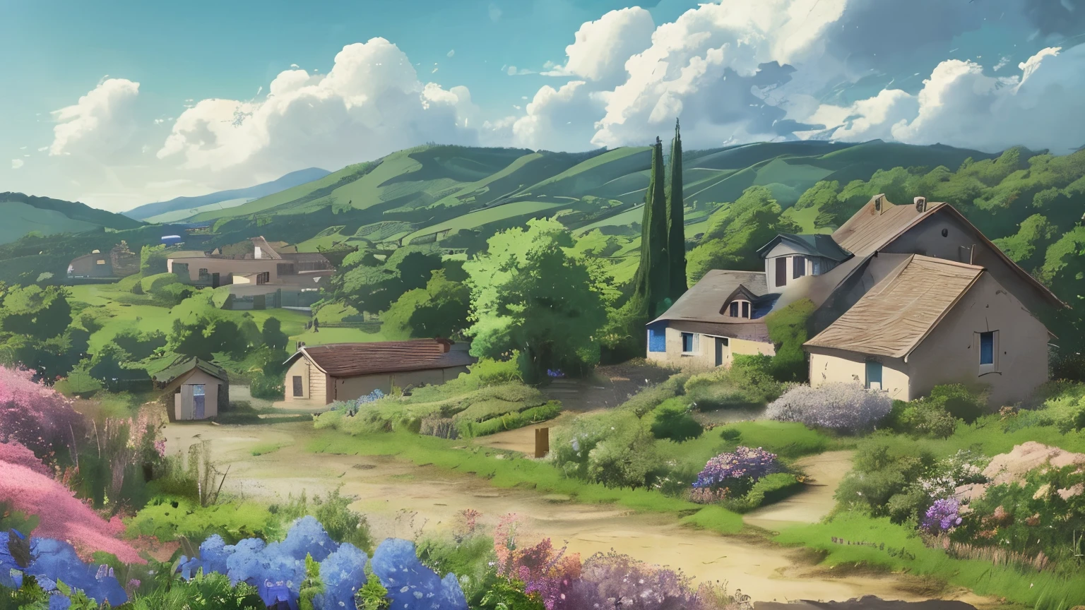 landscape,Small hill, Hyperrealism, (anime Makoto Shinkai:0.4), old shabby, Outdoor, null, cloud, Day, scenery, wood, blue null, building, sign, town, wilderness, Flowers, A house surrounded by plants,A house seen in the distance,countryside,South of France,anime