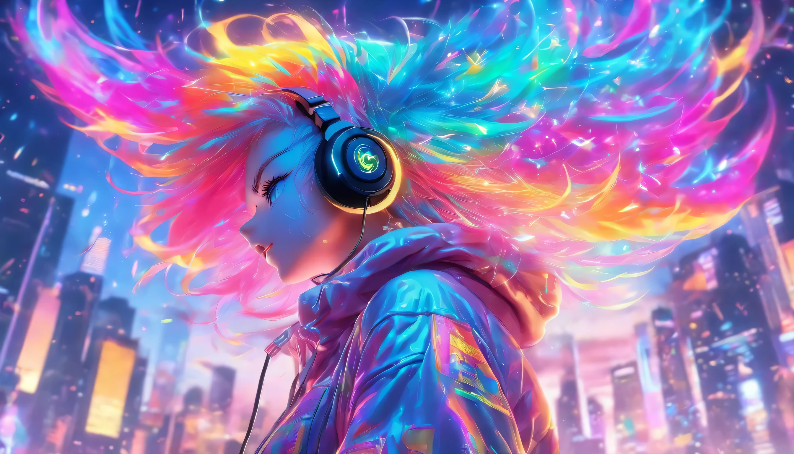 Transparent color PVC clothing, Transparent color vinyl hoodie, Prismatic, Holographic, chromatic aberration, Fashion Illustration, masterpiece, DJ Girl, View Viewer, 8k, Super detailed, Pixiv、((Colorful Hair))、Wearing headphones、((Full Body))、(((Flying in the sky)))、((Strike a Pose))