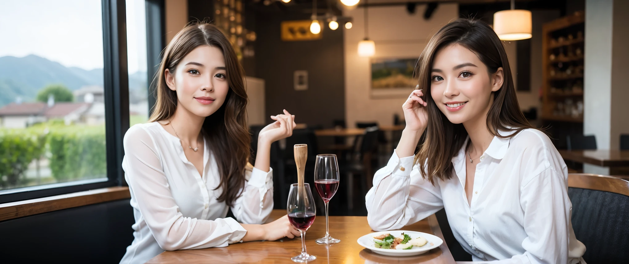 ((highest quality、8k、masterpiece:1.3))、wineparty,1 male1 female、Couple、spouse、Couple、Slim body、((Bob Hale、Straight hair:1.2)), (Realistic, Intricate details:1.2), Wine glass on the table、Shine light on your face、 Amazing view of the sunset sky and clouds、Amazing mountain views、A bright smile、The wonderfulness of smile、Bright image、The beauty of wine, Beautiful Face, blue eyes, The light shines on your face, Blushing, short hair,Bright Face、 (Age 37), 39 years old, red wine 、Appetizers、Italian food、Wine bottle、Champagne、sparkling wine、Two beauties、Brown Hair、Shortcuts、Long sleeve shirt、dress、Pretty Woman 1, (Slim face), (The body is slim), (Brown Hair), (Shortcuts), cheeks turn a little red,Attractive beauty、restaurant, In a prominent place (From the waist up) Nova Frog Style, actress, model, Upper Body, White wine, slim, wine glass, Wine glass placed in the center, smile, (smile: 1.15), Beautiful fine grain, Depth f/2,saturation, High Contrast, Strong light and shadow,Moist Body:1.5、3D texture、Delicate eyes、Brown Hair、The hair is very shiny、