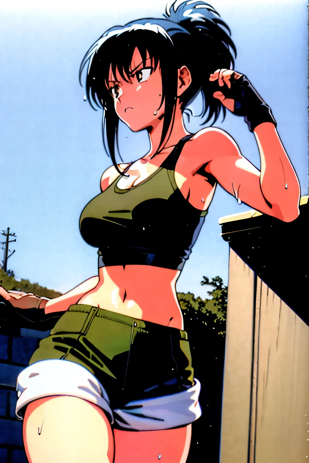 masterpiece, best quality, anime 1990s \(style\, leona heidern, tank top, short, desert, army, cammo. pony tail, wet, serious, soldier.