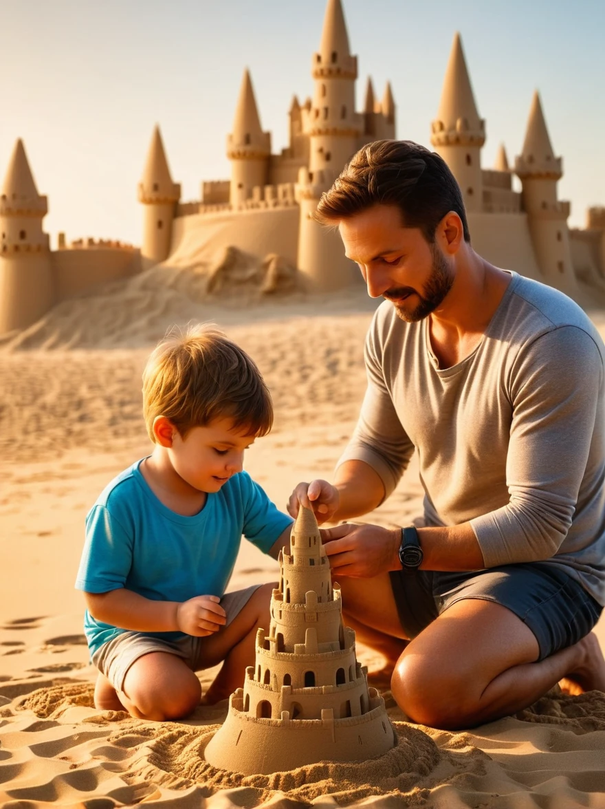 Real photography, HD photos, beach, young father and son, parent- activities, sand castle, majestic sand castle, sunrise, warmth, warmth, intimacy