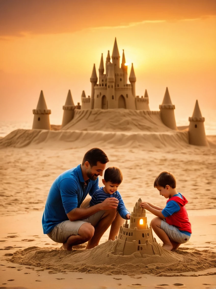 Real photography, HD photos, beach, young father and son, parent-child activities, sand castle, majestic sand castle, sunrise, warmth, warmth, intimacy