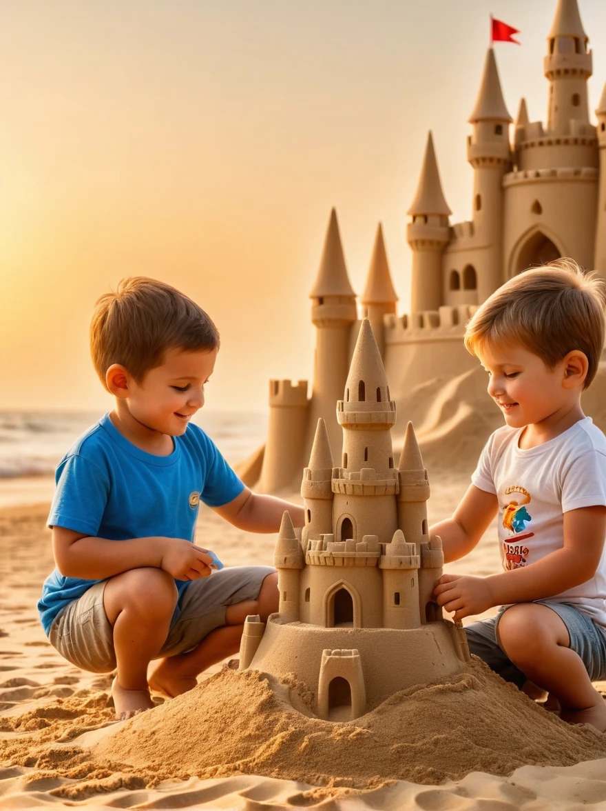 Real photography, HD photos, beach, young father and son, parent-child activities, sand castle, majestic sand castle, sunrise, warmth, warmth, intimacy