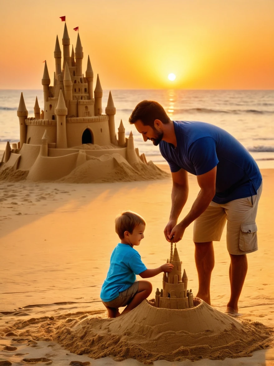 Real photography, HD photos, beach, young father and son, parent-child activities, sand castle, majestic sand castle, sunrise, warmth, warmth, intimacy