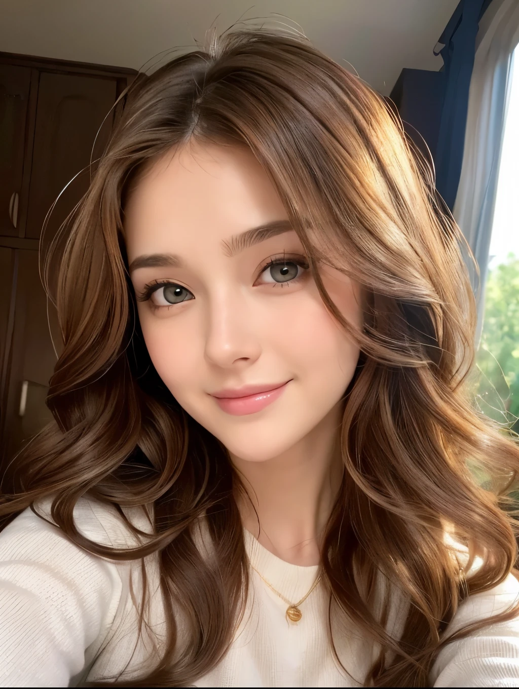 Realistic:1.2,(Masterpiece,highest quality),8k,((One Woman)),20-year-old,Tight waist,Big Hips,Perfect Anatomy, Brown Hair, Wavy Hair,Random Hairstyles,Big beautiful breasts,((Highly detailed face and eyes))(Cute Face:1.4),Beautiful actress face,Perfect golden ratio face,Random sexy poses,smile、Women's Suitini skirt、garter belt、Accentuate your butt