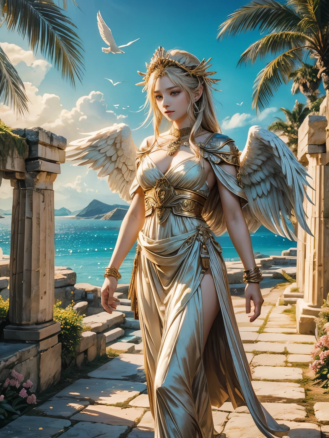 highest quality,beautiful顔,Charm,beautiful,anime,Fantasy,Ancient Greek Style,Natural paradise background,Feathered Man,Angel
