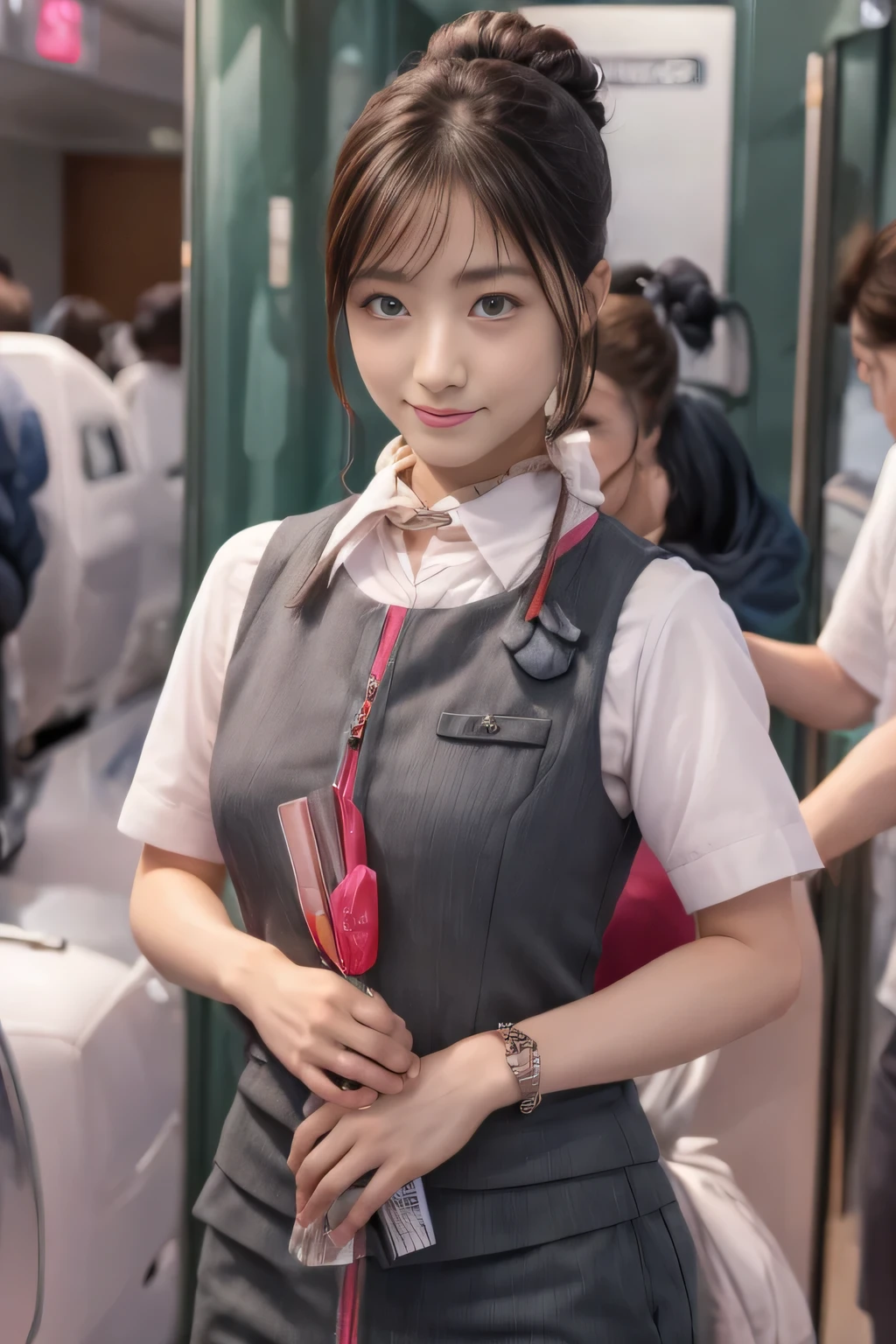 (masterpiece:1.2, highest quality:1.2), 32K HDR, High resolution, (alone、1 girl)、(On board the Shinkansen、Professional Lighting)、Background in the car、(Realistic style wearing JR GranClass attendant uniform)、Blouse with short sleeves、Scarf around the neck、(JR GranClass attendant uniform with pink parts on the sleeves of the skirt)、(JR GranClass attendant uniform with pink line on front zipper of vest)、Dark brown hair、(Hair tied up、Bun Hair、Chignon)、Dark brown hair、Long Shot、Big Breasts、((Fine hand:2.0)),((Harmonious body proportions:1.5)),((Normal limbs:2.0)),((Normal finger:2.0)),((Delicate eyes:2.0)),((Normal eyes:2.0)))、Luxury Necklace、smile、Beautiful standing posture,Place your hands around your stomach
