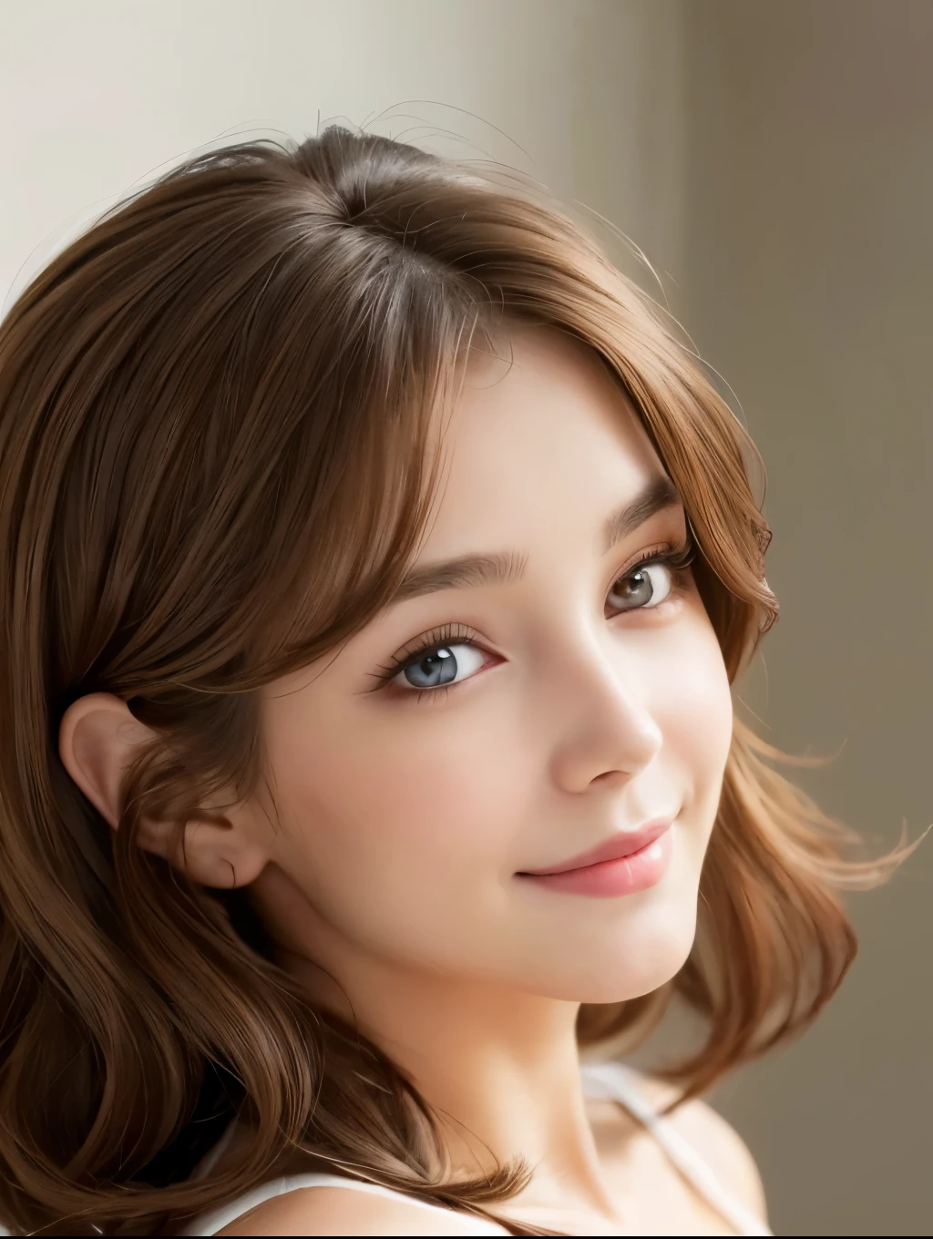 Realistic:1.2,(Masterpiece,highest quality)，8k,((One Woman)),20-year-old,Tight waist,Big Hips,Perfect ???????, Brown Hair, Wavy Hair,Random Hairstyles,Big beautiful breasts,((Highly detailed face and eyes))(Cute Face:1.4)，Beautiful actress face，Perfect golden ratio face，Random sexy poses，smile、Women&#39;s Suitini skirt、garter belt、Mr.々Angle
