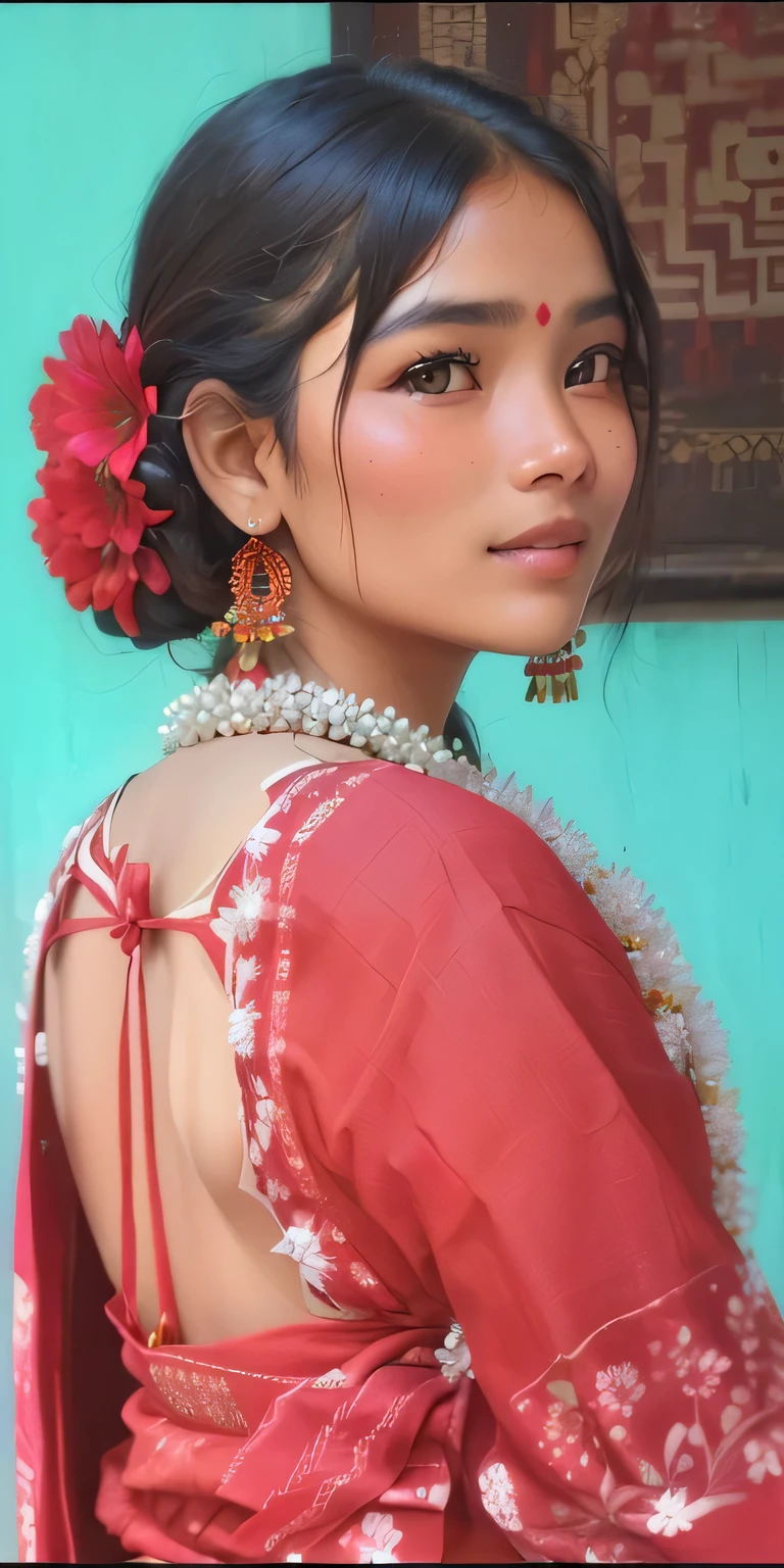 a close up of a woman in a red dress with a flower in her hair, traditional beauty, very beautiful girl, very beautiful enga style, assamese aesthetic, with lovely look, candid picture, very very low quality picture, a beautiful young woman, wearing bihu dress mekhela sador, indian, young girl, very pretty model, very extremely beautiful, no change in photo aspect ratio