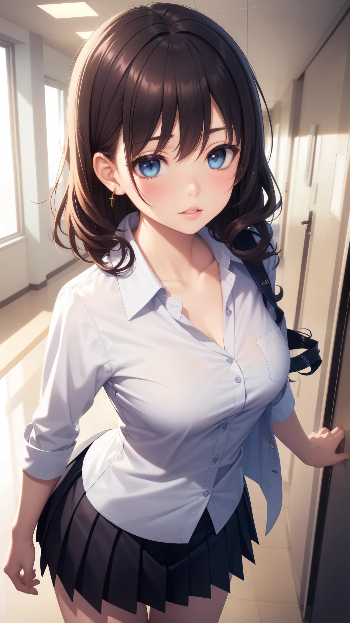 1girl, natural lighting, masterpiece, highly detailed, illustration, game CG, absurdres, high quality, aichan, medium breasts, beautiful detailed eyes, lightly curled hair, bangs, glossy lips, lips parted, collarbone, school, hallway, button-up school shirt, pleated miniskirt