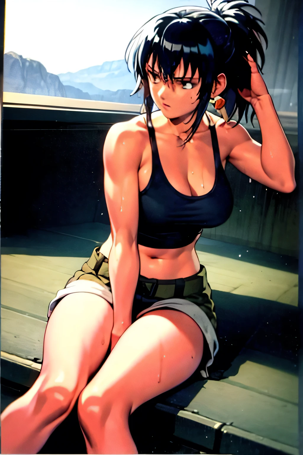 masterpiece, best quality, anime 1990s \(style\, leona heidern, tank top, short, desert, army, cammo. pony tail, wet, serious, soldier.