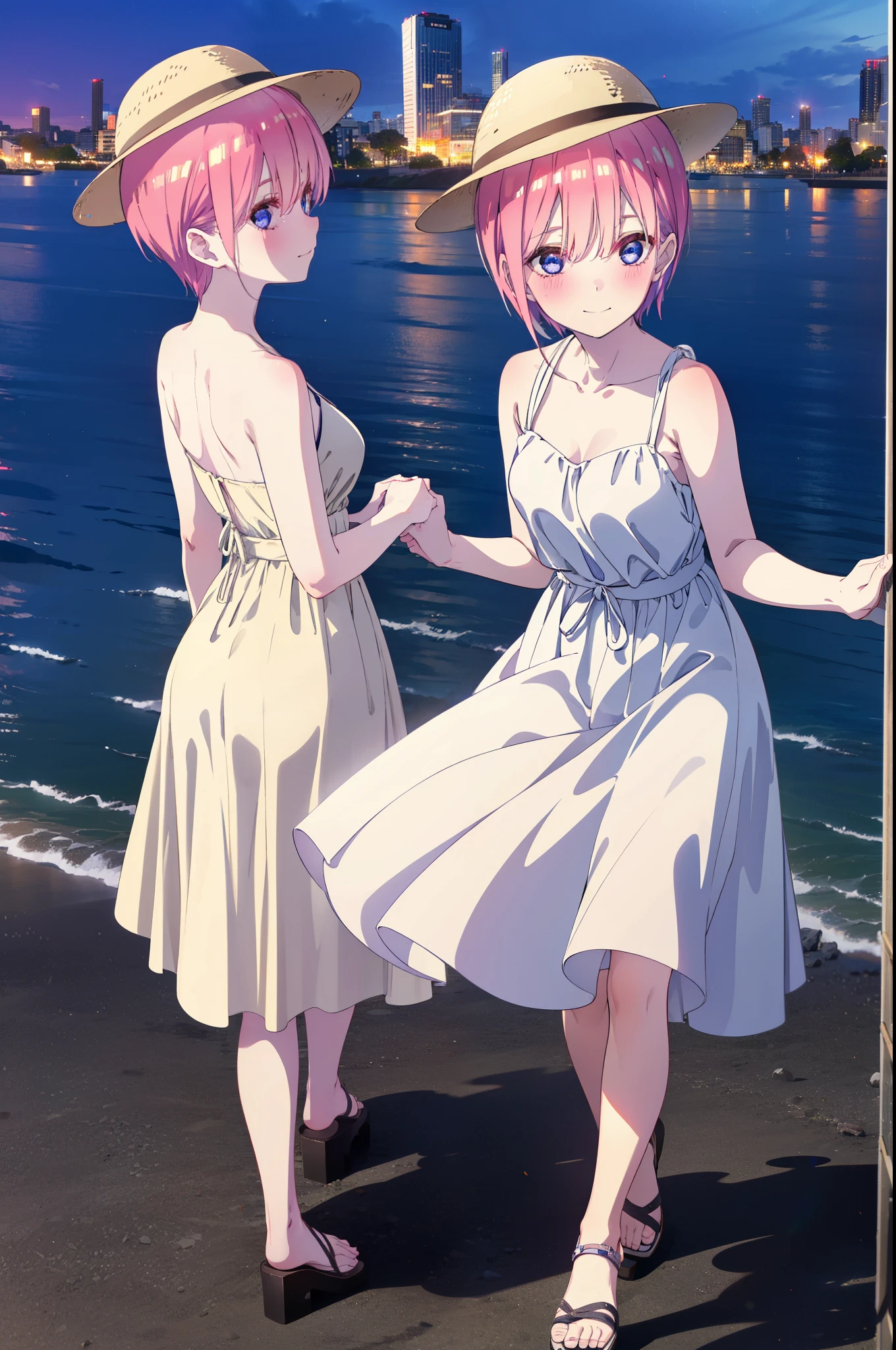 ichikanakano, ichika nakano, short hair, bangs, blue eyes, Hair between the eyes, Pink Hair, Big white hat,smile,Sleeveless white dress,Bare arms,White long skirt,Cute heeled sandals,whole bodyがイラストに入るように,Looking down from above,walk,moonlight,night,ロマンチックなnight景,
break outdoors, city,海岸通り
break looking at viewer, whole body,
break (masterpiece:1.2), highest quality, High resolution, unity 8k wallpaper, (shape:0.8), (Beautiful details:1.6), Highly detailed face, Perfect lighting, Highly detailed CG, (Perfect hands, Perfect Anatomy),