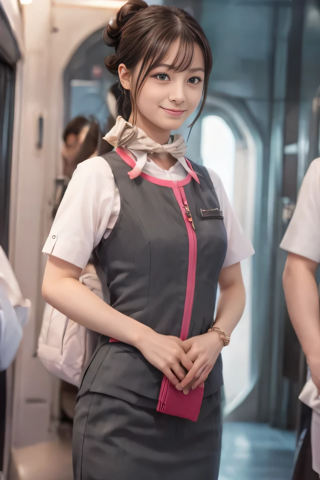 (masterpiece:1.2, highest quality:1.2), 32K HDR, High resolution, (alone、1 girl)、(At the station platform、Professional Lighting)、Station Background、(Realistic style of JR Gran Class crew wearing uniform)、Short sleeve blouse、a scarf around the neck、(JR Gran Class flight attendant uniform with pink parts on the skirt sleeves)、(JR Gran Class flight attendant uniform with pink stripes on the vest)、Dark brown hair、(Hair tied up、Hair Bun、Hair Bun)、Dark brown hair、Long Shot、Big Breasts、((Great hands:2.0)),((Harmonious body proportions:1.5)),((Normal limbs:2.0)),((Normal finger:2.0)),((Delicate eyes:2.0)),((Normal eyes:2.0)))、Luxury Necklace、smile、Beautiful standing posture,Place your hands around your stomach