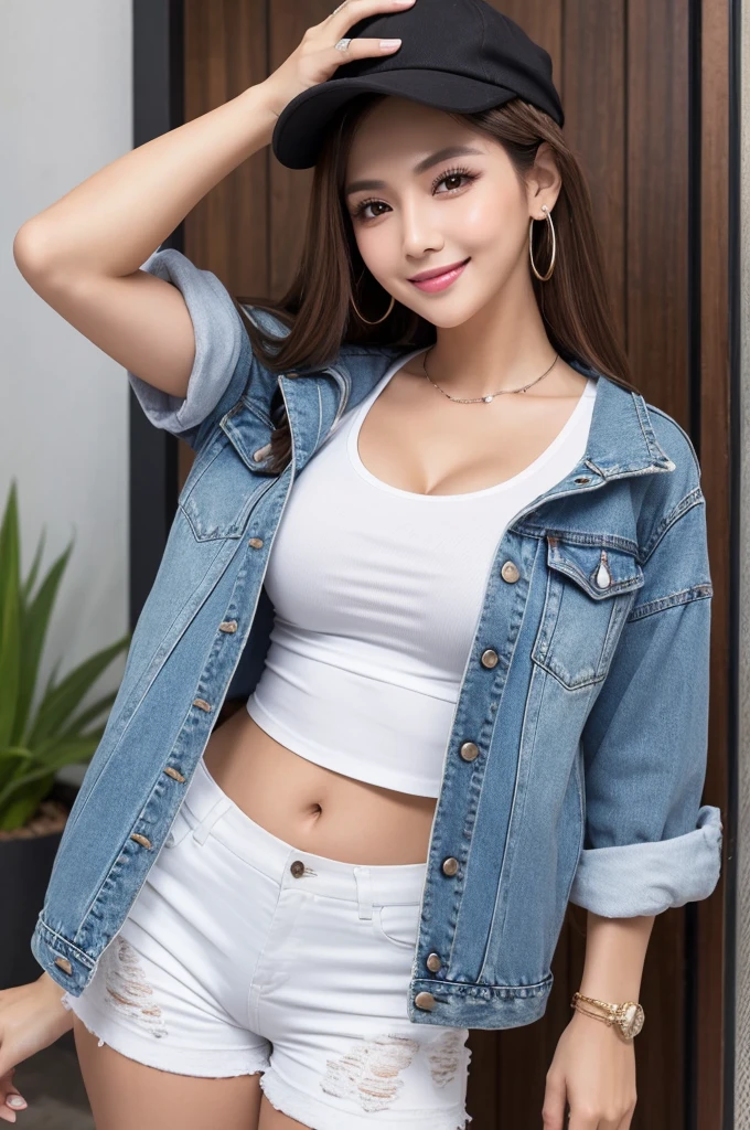 masterpiece,ultra detailed,black cap,patterned white t-shirt,denim short pants,(tanned skin),plump mature face,brown hair,(tareme:1.1),make-up,cotton jacket,28 years old,seductive female,smile,adult body,cleavage,