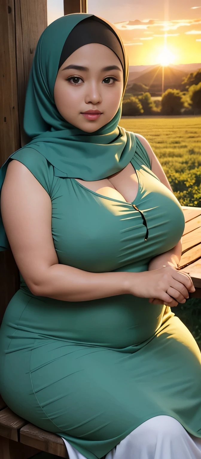 ( Close Up),RAW, Best quality, high resolution, works: 1.3), Beautiful Malay woman in hijab, Masterpiece, fit body, big breasts, beautiful big eyes, Soft smile, beautiful face, woman sitting at a table in a green meadow, traditional beauty, moment sunset, in the field, in the countryside, beautiful woman, with the sunset, wearing a soft long dress,muslim, on a wooden table, hijab, beautiful woman, with a beautiful appearance, a very beautiful masterpiece, a masterpiece of art, good lighting, Bright colors, Clean lines, chubby body, wide chubby hips, chubby arm, chubby massive thighs , massive cleavage , massive armpits , white armpits , armpit hair , extra cleavage, full body