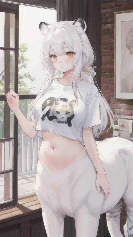 (best quality, masterpiece), 1 girl, centaur, It takes, belly button t-shirt, 아름다운 소녀 perfect white tiger photo, perfect white tiger photo