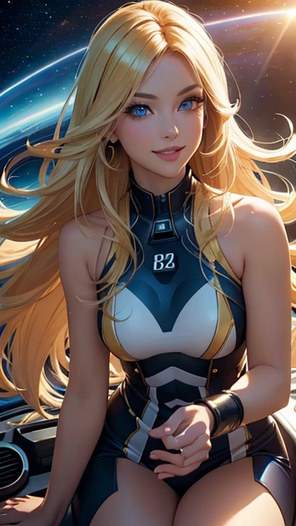 (best quality,ultra-detailed,photo-realistic:1.37),bright and vibrant colors,studio lighting,playful expression,stylish makeup,long blonde hair flowing in the wind,alluring eyes,glossy lips,sexy pose, Space Cadet, Cockpit, smiling in a confident and seductive way,posing for a professional photoshoot,shallow depth of field,highlighting the main subject,soft natural lighting,creating a dreamy and magical atmosphere.