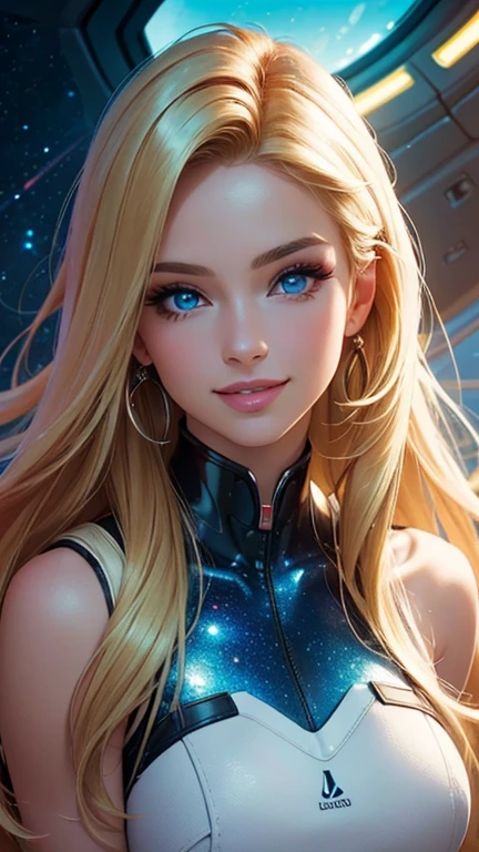 (best quality,ultra-detailed,photo-realistic:1.37),bright and vibrant colors,studio lighting,playful expression,stylish makeup,long blonde hair flowing in the wind,alluring eyes,glossy lips,sexy pose, Space Cadet, Cockpit, smiling in a confident and seductive way,posing for a professional photoshoot,shallow depth of field,highlighting the main subject,soft natural lighting,creating a dreamy and magical atmosphere.