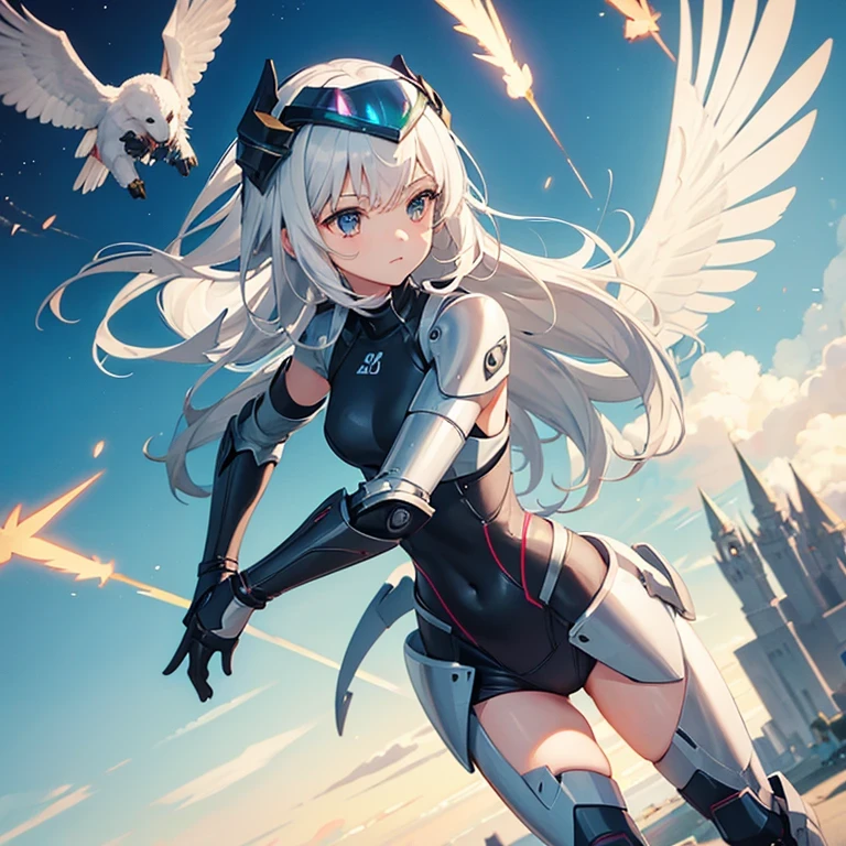 1girl, armor suit, Wear a helmet, Fly on wings, Fighting