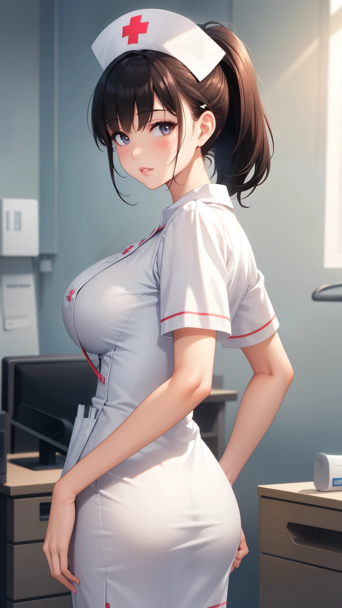 1girl, natural lighting, masterpiece, highly detailed, illustration, game CG, absurdres, high quality, aichan, (large breasts), beautiful detailed eyes, short hair, ponytail, light curled hair, bangs, glossy lips, lips parted, nurse office, hospital infirmary, nurse, white nurse dress, nurse headband, looking back at viewer