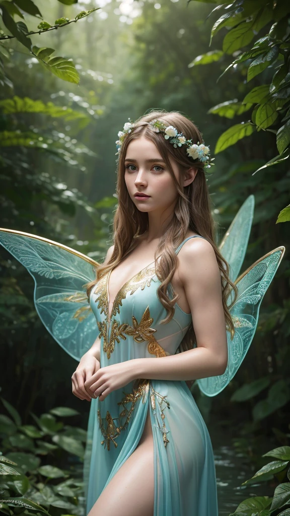 (masterpiece), high resolution, hd 8k, (1 Celtic fairy), 16 years old, beautiful eyes, silky hair, (large, transparent, detailed wings), green dress: light blue, with gold embroidered details, cinematic lighting, atmosphere of a gloomy forest, in a landscape with water and flowers, (shadows and light through the foliage)