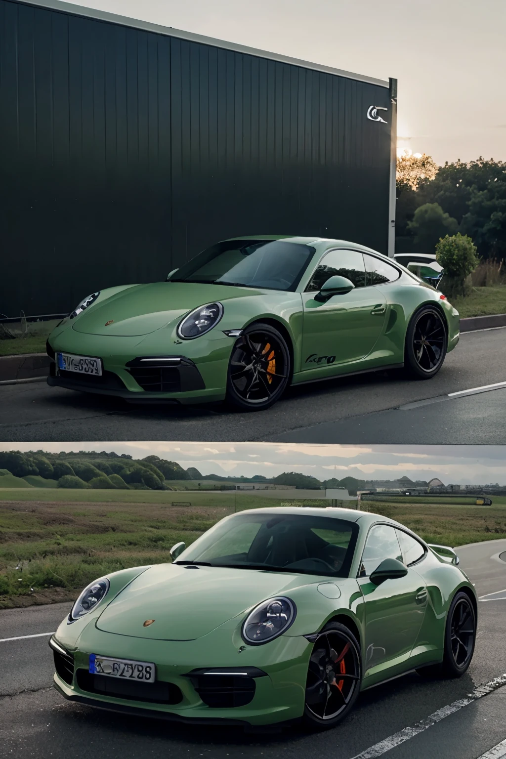 Create a green Porsche 911 with the German license plate GE-NF 81