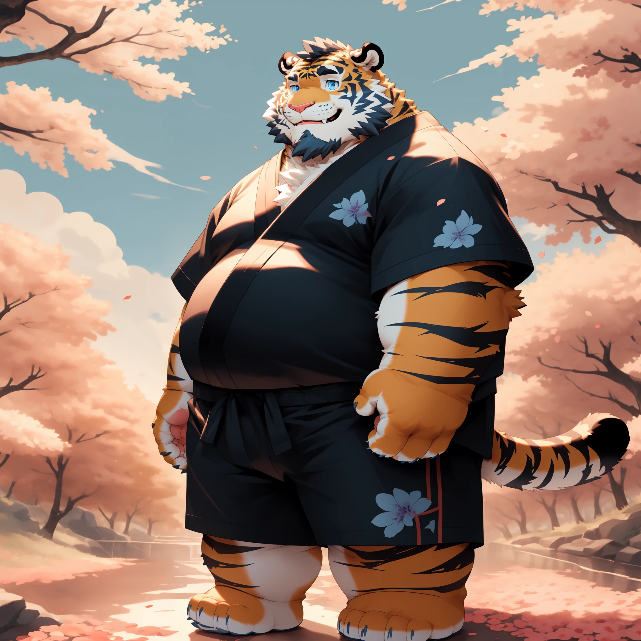 New Jersey 5 Furry,Tiger,Solitary,Chubby,Fat,Thick arms,Rugged muscles,shorts,orange Plush fur,Chubby Face,Black eyebrows,Sky blue eyes,Beard,  (Black Kimono),Smile，Under the cherry trees，Colorful falls