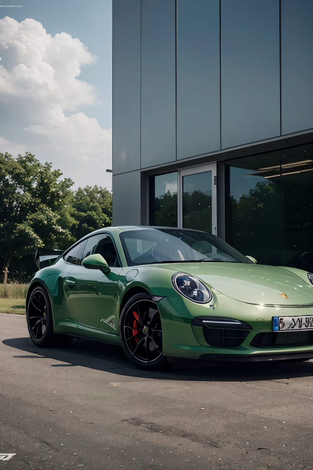 Create a green Porsche 911 with the German license plate GE-NF 81
